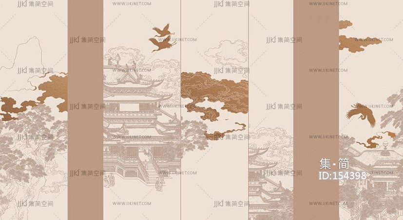 新中式古建祥云壁纸壁画背景画壁布 (1)