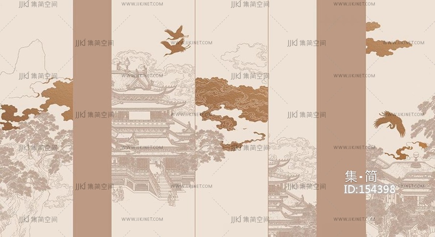 新中式古建祥云壁纸壁画背景画壁布 (1)