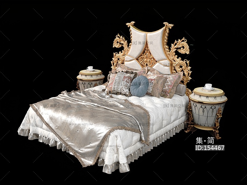5欧式法式巴洛克古典雕花双人床圆形床头柜3d模型