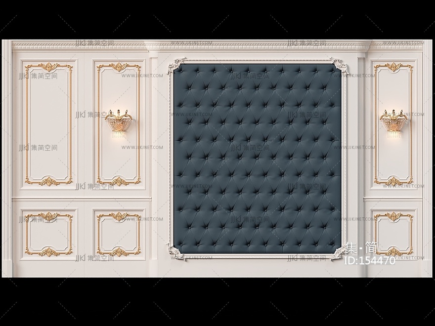 法式古典雕花护墙板墙面水晶壁灯欧式皮革软包墙面3d模型