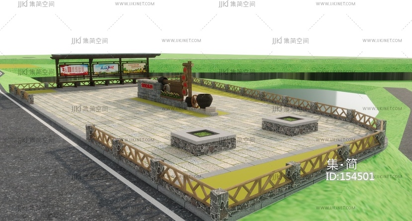 乡村小广场凉亭树池栏杆水缸小品SU模型