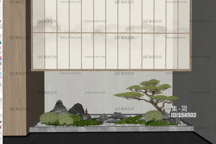 新中式禅意室内景观_景观造景_庭院景观_景观小品_天井室内景观_迎客松SU模型