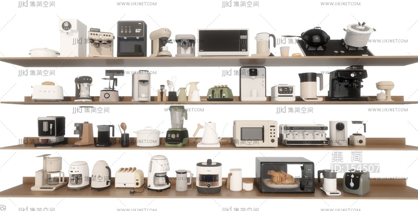 家用电器组合_厨房电器_烤箱_微波炉_咖啡机_饮水机SU模型