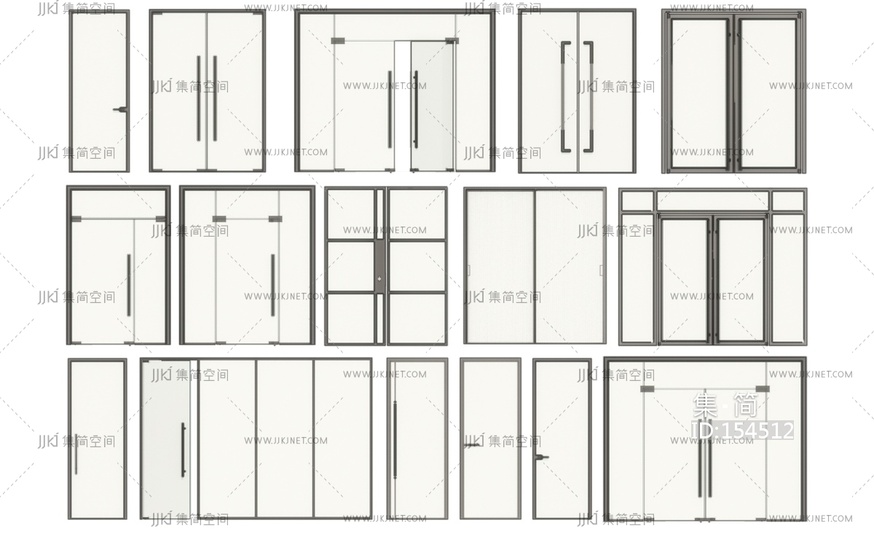 现代玻璃双开门_玻璃单开门_办公玻璃门_玻璃隔断SU模型