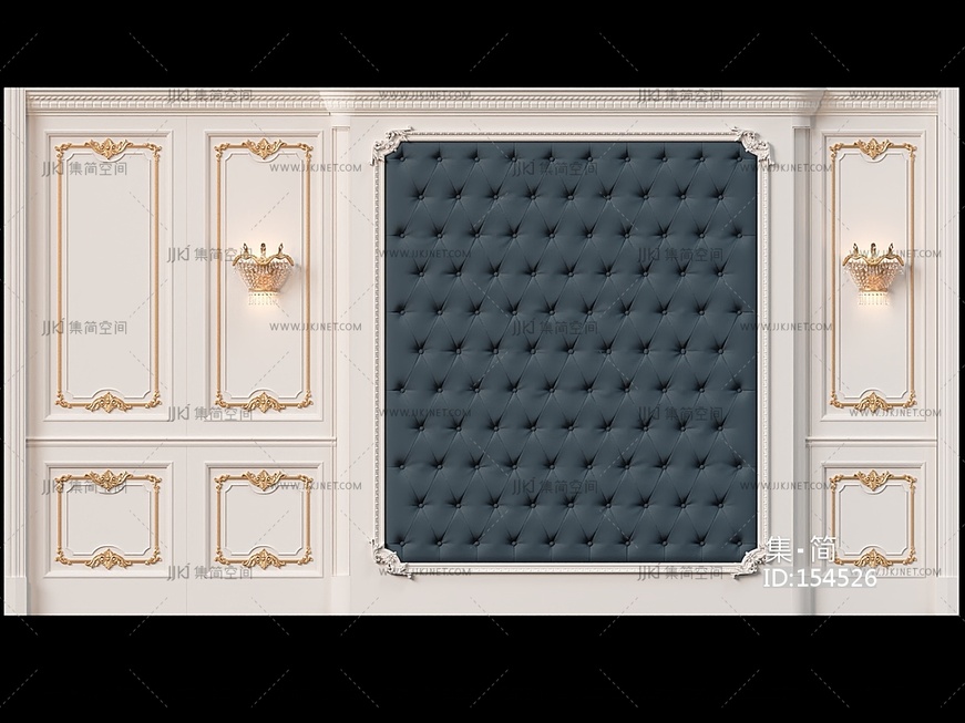 法式古典雕花护墙板墙面水晶壁灯欧式皮革软包墙面SU模型