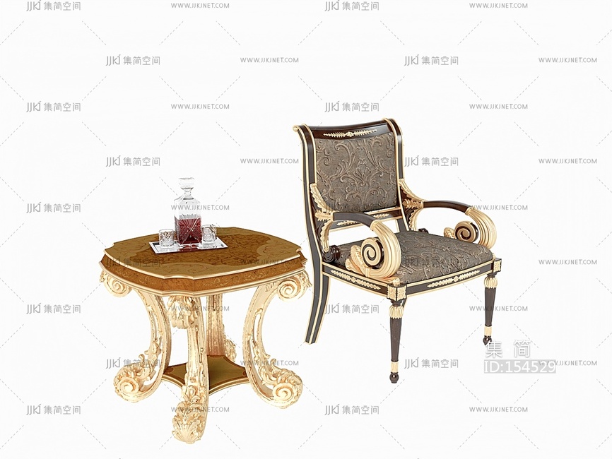 古典欧式法式美式休闲椅餐椅椅子雕花边几边桌红酒托盘SU模型