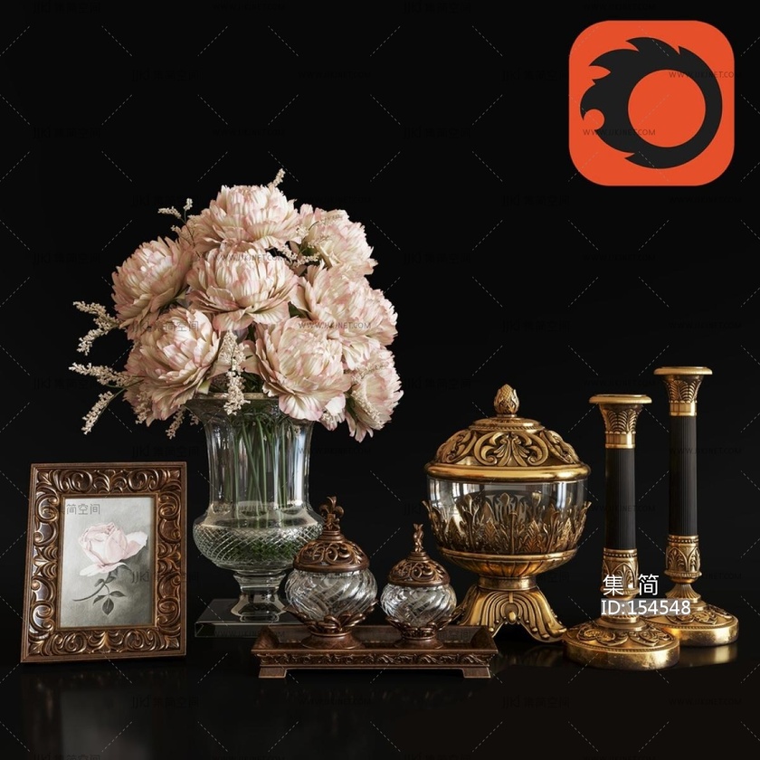 欧式古典雕花金属香炉烛台摆件相框3d模型