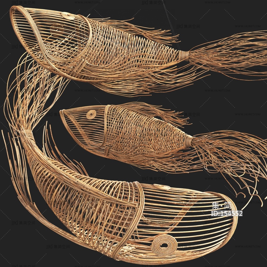 现代摆件组合_藤鱼藤编艺术品吊饰竹编鱼3D模型