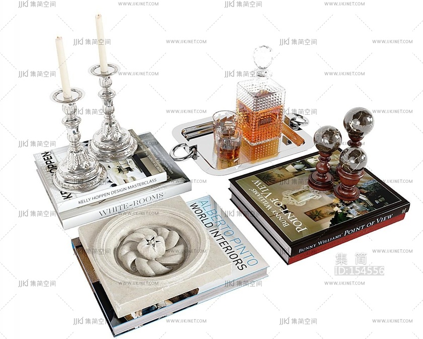 欧式摆件组合红酒洋酒酒瓶子，书本书籍烛台茶几摆件3D模型