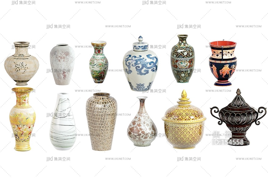 新中式陶瓷器皿中式古董摆件瓷组合3d模型