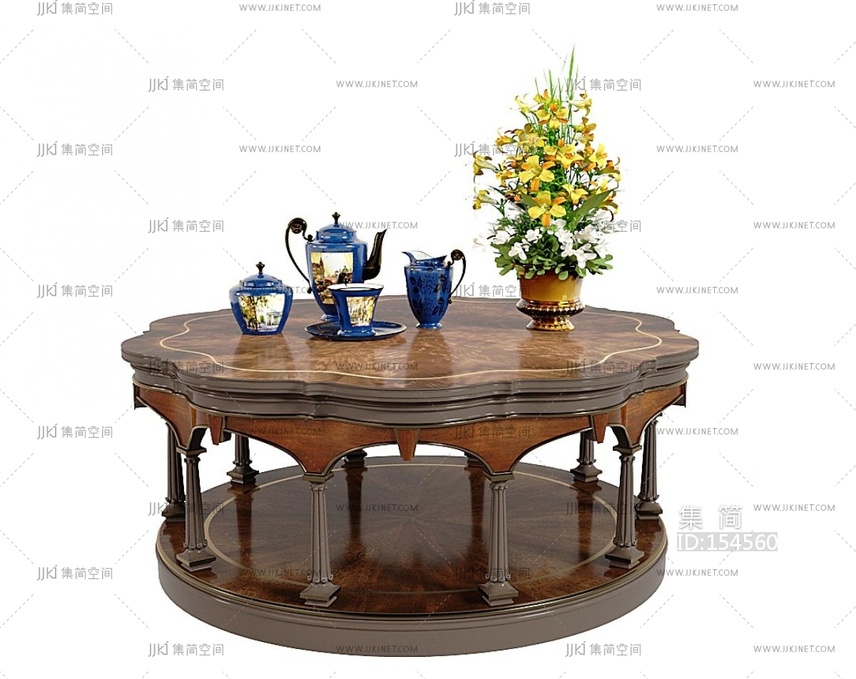 欧式茶几花瓶水壶圆形茶几法式茶几3D模型