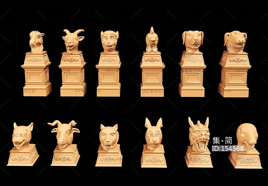 新中式十二兽首鎏金雕塑 雕像中式雕塑摆件3D模型