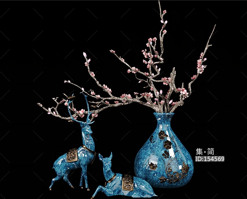 新中式装饰鹿摆件 鹿 装饰鹿花瓶中式摆件饰品3D模型
