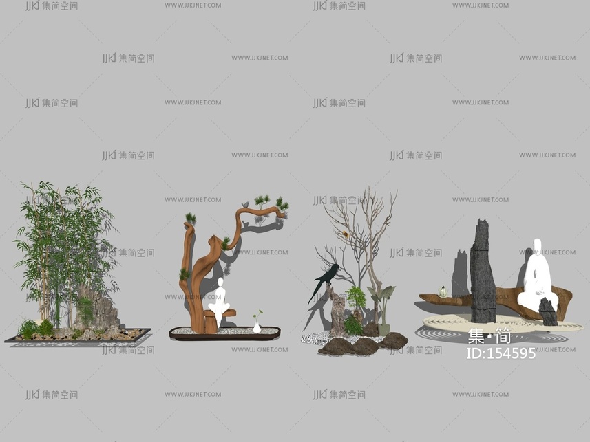 新中式景观小品水景植物 su草图模型