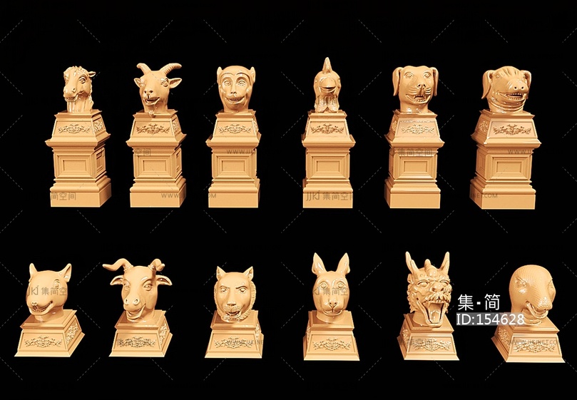 新中式十二兽首鎏金雕塑 雕像中式雕塑摆件su模型