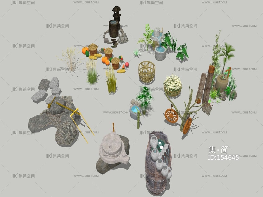 中式庭院小品植物水景 su草图模型