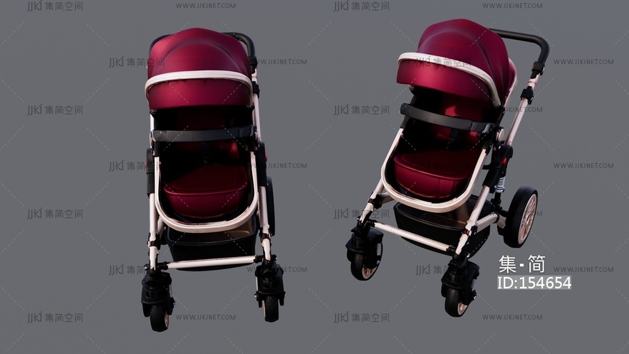 红色婴儿小推车 su草图模型