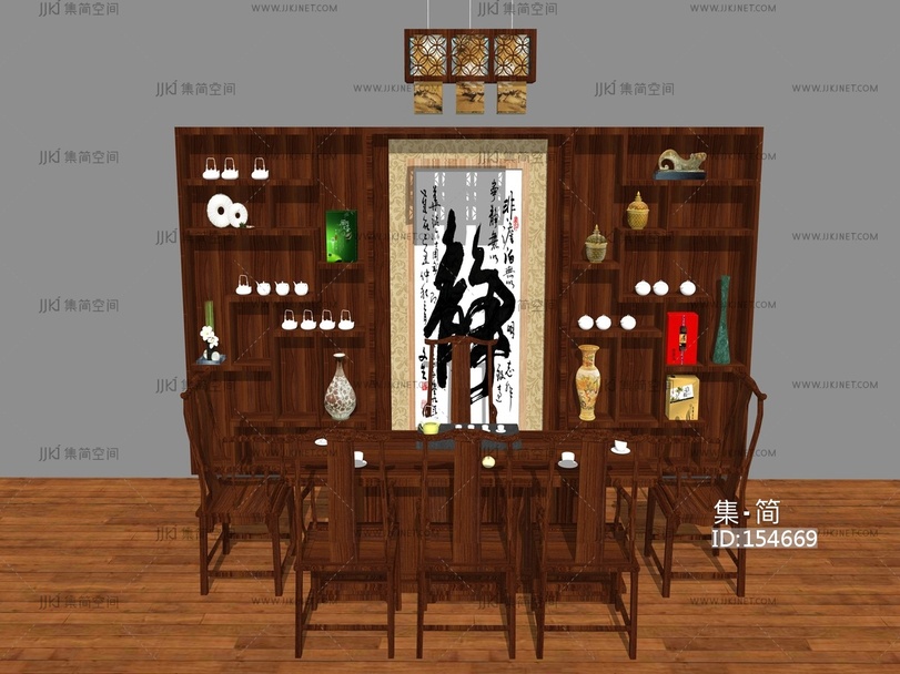 中式茶台组合装饰柜茶桌椅 su草图模型