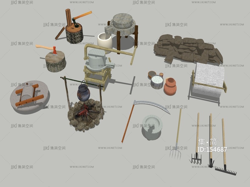 中式柴火石磨沙袋耕具农业用具 su草图模型