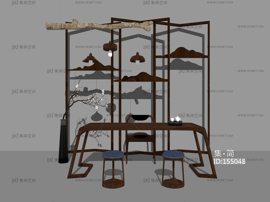 中式风格茶几桌椅组合 su草图模型