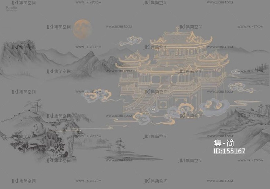 新中式古建山脉线条床头沙发背景画屏风画壁纸壁布 (20)