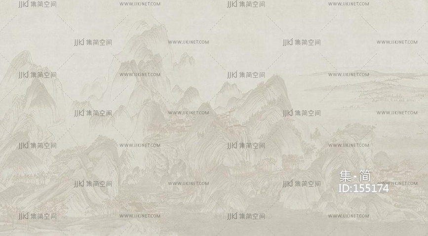新中式山脉山水床头沙发背景画屏风画壁纸壁布 (35)
