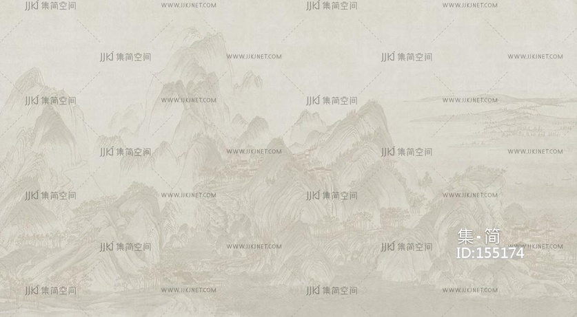 新中式山脉山水床头沙发背景画屏风画壁纸壁布 (35)