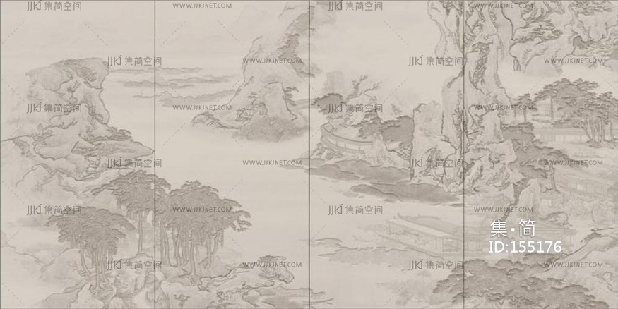 新中式山脉山水床头沙发背景画屏风画壁纸壁布 (38)