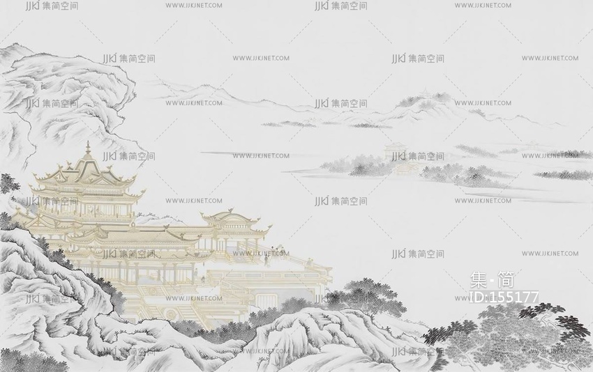 新中式山脉山水床头沙发背景画屏风画壁纸壁布 (39)