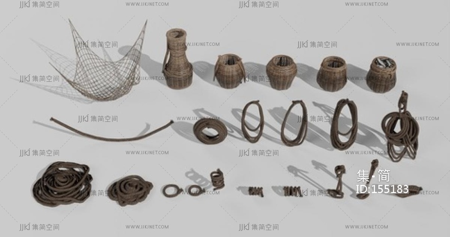 中式复古影视_渔网_绳子_鱼篓_竹篓SU模型