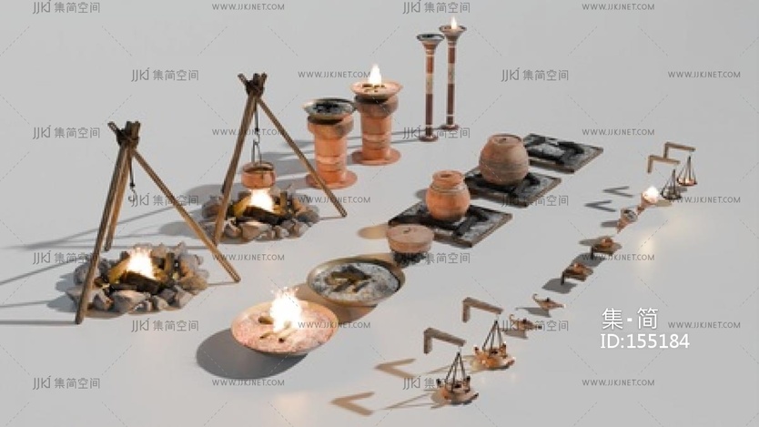 中古影视_火盆_古代壁灯_古代油灯_篝火架_古代篝火堆SU模型