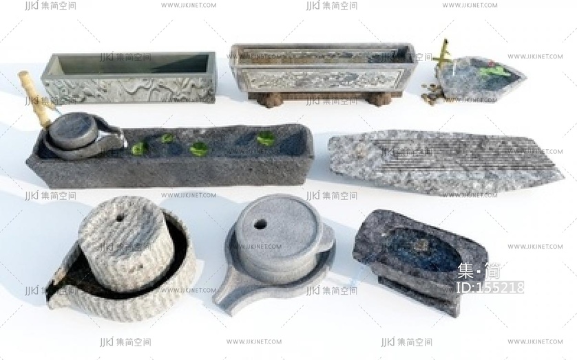 新中式庭院小品_乡村小品_庭院小品_水槽_磨盘SU模型