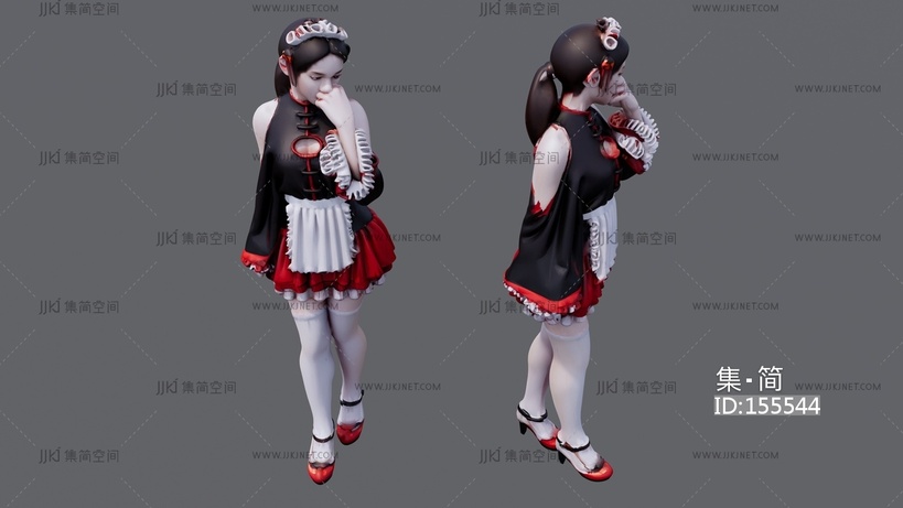 黑色衣服红色裙子的女仆 su草图模型