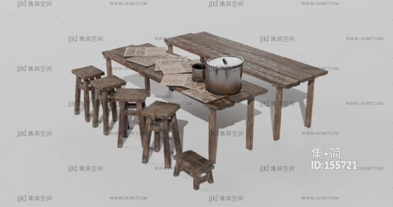 中式复古休闲桌椅_长条桌_高脚凳_小板凳_木制桌凳SU模型