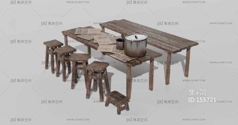 中式复古休闲桌椅_长条桌_高脚凳_小板凳_木制桌凳SU模型