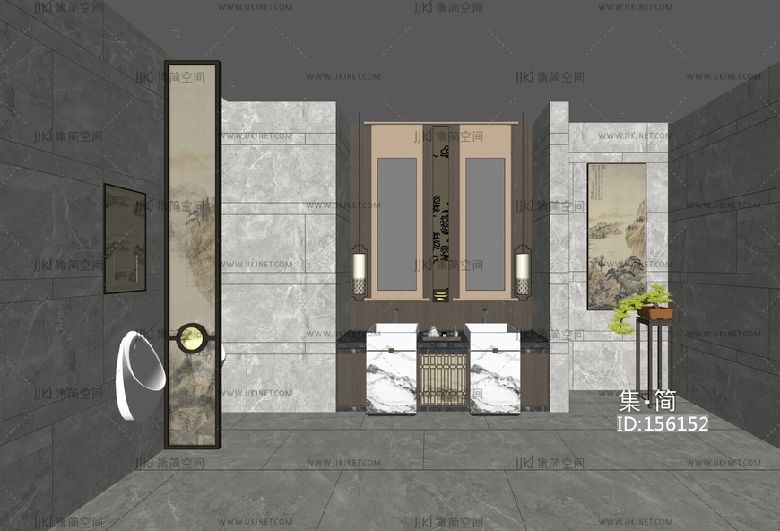 新中式公共卫生间小便器中式盆景隔断托盘SU模型