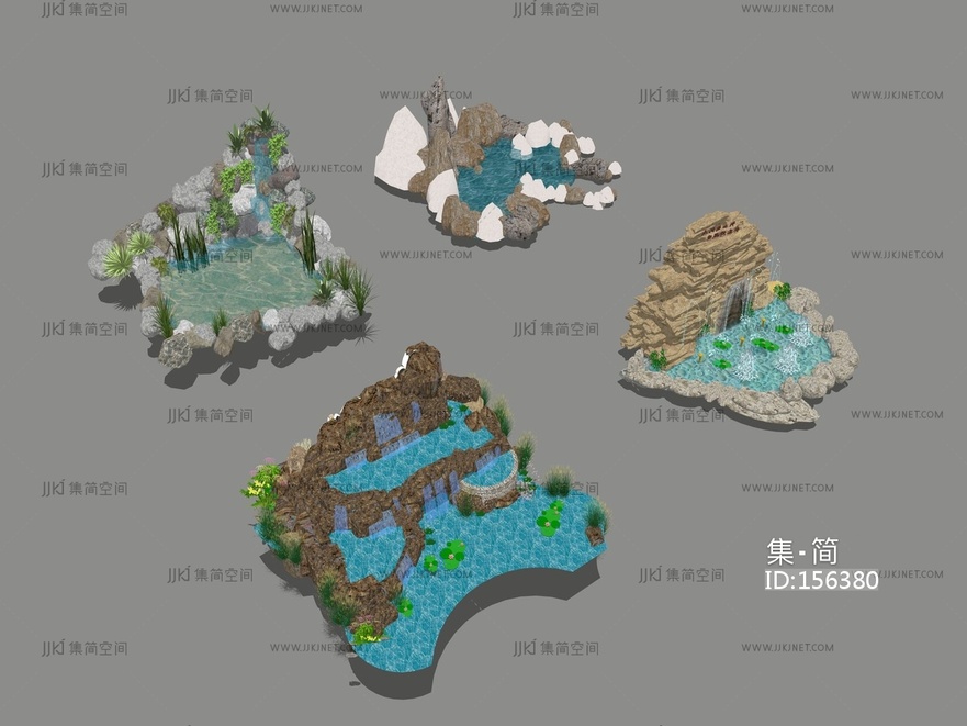 中式假山水景 su草图模型