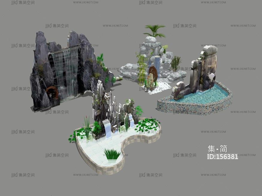 中式假山水景 su草图模型