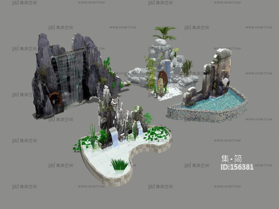中式假山水景 su草图模型