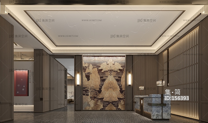 新中式售楼处入口大堂服务太接待台3D模型