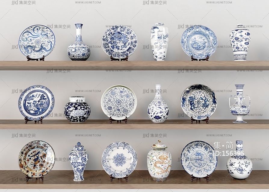 新中式陶瓷器皿盘子将军罐，花瓶3D模型