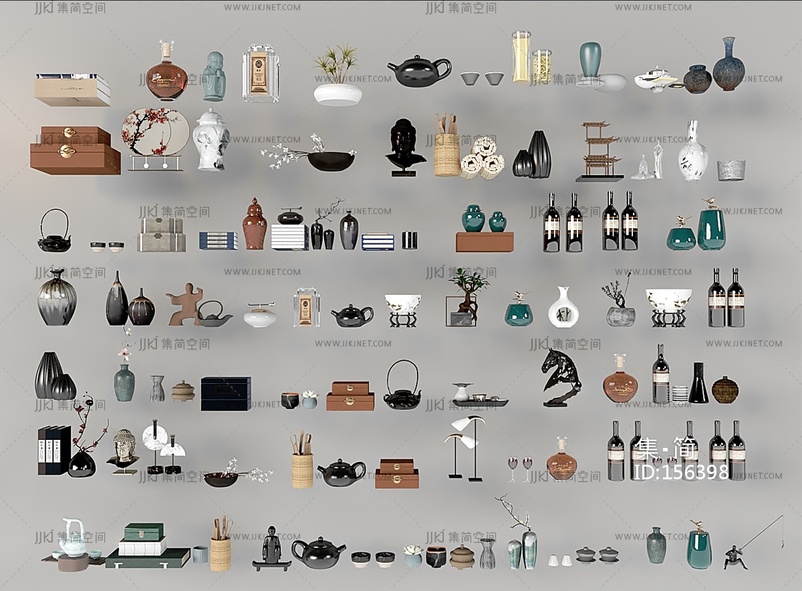 新中式装饰品摆件组合3D模