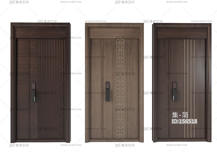 新中式单开门入户门_子母防盗门su模型