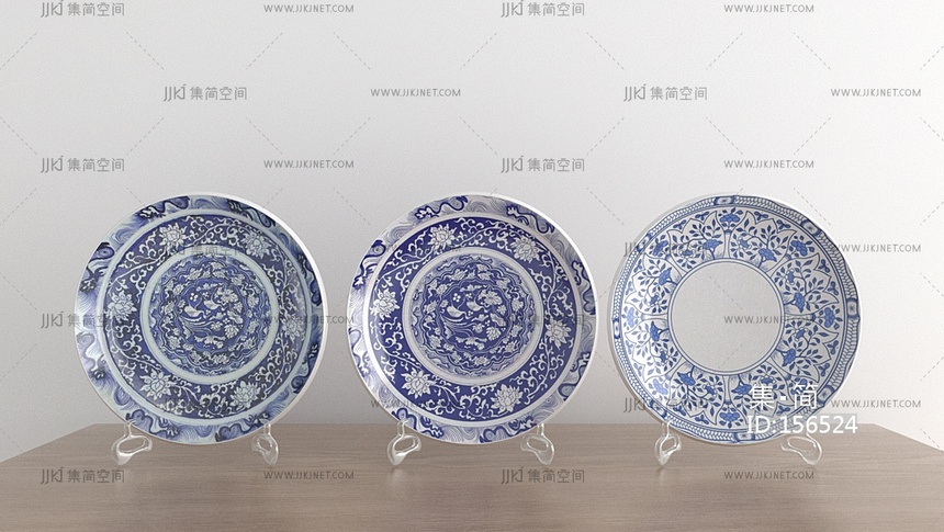 新中式中式摆件组合_青花瓷餐盘摆件su模型