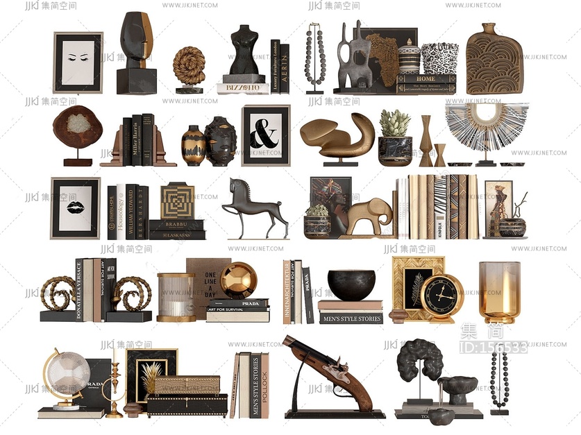 现代摆件组合_雕塑_书本_装饰品3D模型