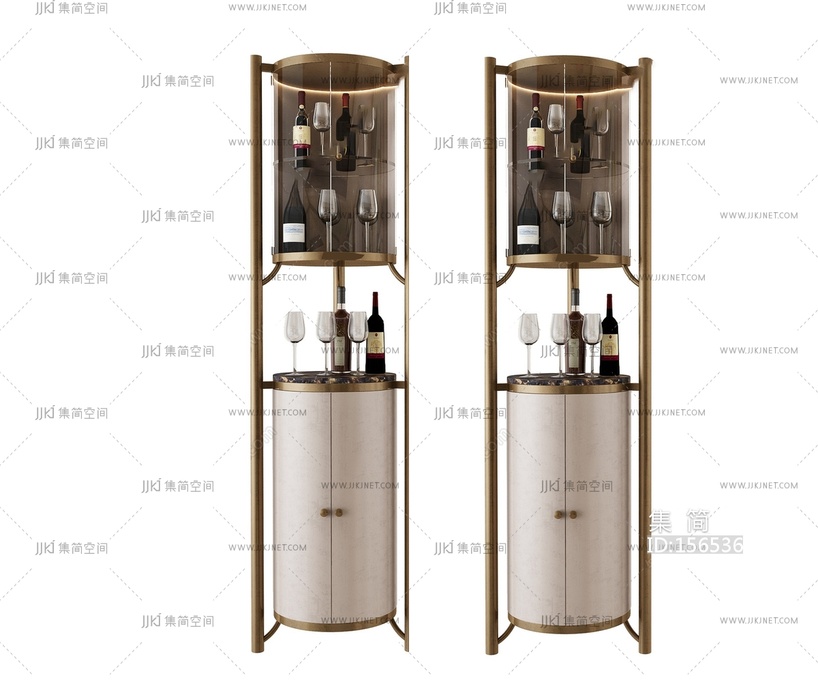 现代酒柜圆柱形酒柜酒瓶子红酒高脚杯3D模型