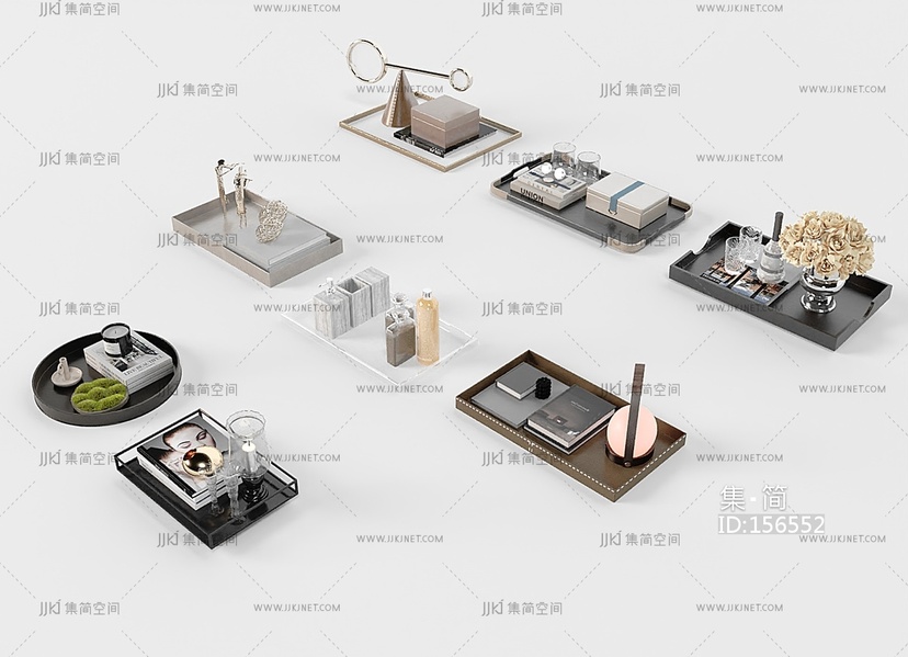 现代托盘摆件苔藓书籍书本酒店用品装饰组合3D模型