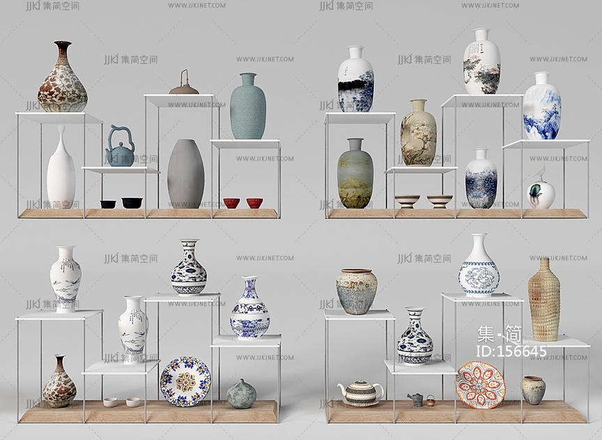 现代罐子_瓷器_陶罐_青花瓷花瓶_瓷器组合3D模型