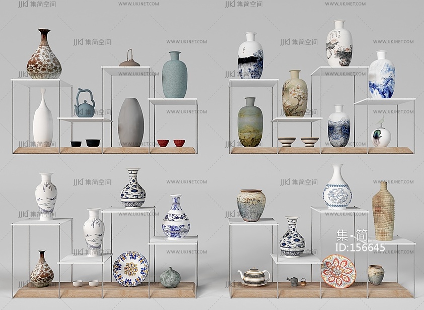 现代罐子_瓷器_陶罐_青花瓷花瓶_瓷器组合3D模型