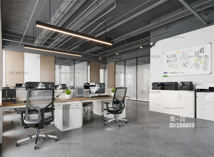 现代公共办公区_办公桌椅_员工工位打印机白板3D模型